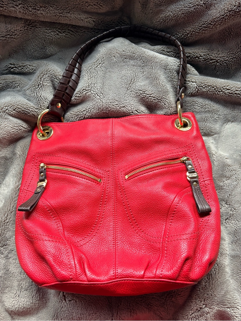 LIKE NEW B. Makowsky Red Pebble Leather Shoulder Bag, Dark Brown Handles